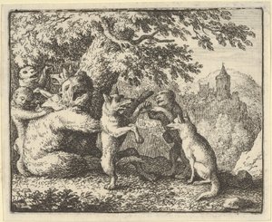 På Løvens Ordre tages et Stykke Hud fra Bjørnen, Et Stykke af Forpoterne..., 1650-75. af Allart van Everdingen