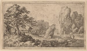 En spids kampesten ved bredden af en flod, sandsynligvis ca. 16451656. af Allart van Everdingen
