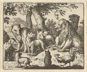 Renard frikender sig selv for sine forbrydelser foran løven, 1650-75. af Allart van Everdingen