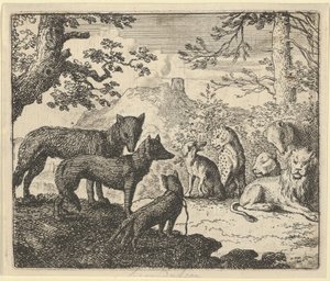 Renards forældre beder om at trække sig tilbage fra hoffet, fra Hendrick van Alcmars "Renard ræven" af Allart van Everdingen