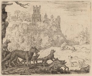 Reynard tager af sted med grævlingen, sandsynligvis ca. 16451656. af Allart van Everdingen