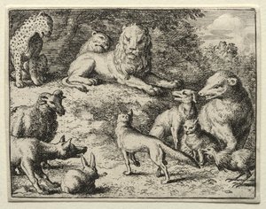 Reynard the Fox: Reynard dukker op ved retten. af Allart van Everdingen