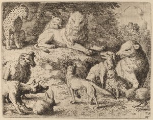 Dyrene fremfører deres anklager mod Reynard, sandsynligvis ca. 16451656. af Allart van Everdingen