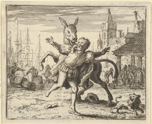Æselen, jaloux på den opmærksomhed, hunden får fra sin herre, ser ud til at efterligne ..., 1650-75. af Allart van Everdingen