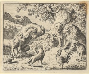 Bjørnen søger retfærdighed fra løven mod Renard, 1650-75.