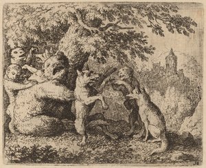 Bjørnen og ulven forfølges, sandsynligvis ca. 16451656. af Allart van Everdingen