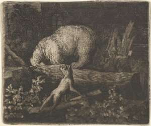 Bjørnen med sin tryne og forpoter fanget i stammen af et træ, midten af det 17. århundrede. af Allart van Everdingen