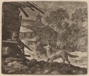Katten går ind i laden, mens Reynard ser på, sandsynligvis ca. 16451656. af Allart van Everdingen