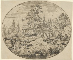 Landskabet med træbroen, 1600-tallet. af Allart van Everdingen
