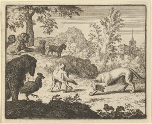 Løven tillader en kamp mellem ulven og Renard, 1650-75. af Allart van Everdingen