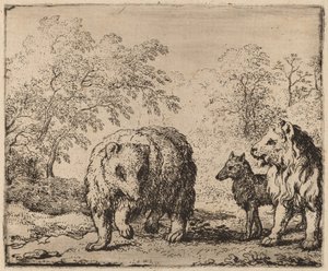 Løven befrier bjørnen og ulven, sandsynligvis ca. 16451656. af Allart van Everdingen