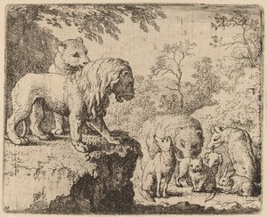 Løven benåder Reynard før de andre dyr, sandsynligvis ca. 16451656.