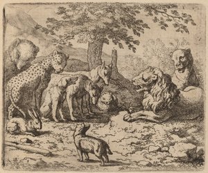 Løven søger råd, sandsynligvis ca. 16451656. af Allart van Everdingen