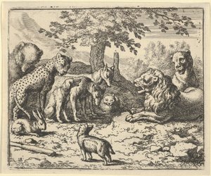 Løven tager de andre dyrs råd til Renards straf, 1650-75. af Allart van Everdingen
