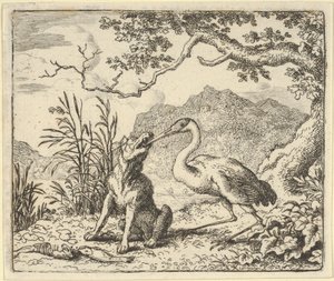 Storken fjerner en knogle fra ulvens hals fra Hendrick van Alcmars Renard The F..., 1650-75. af Allart van Everdingen