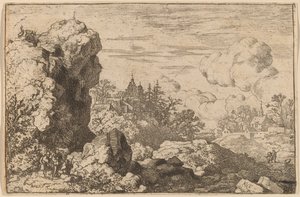 Tre rejsende ved foden af en høj klippe, sandsynligvis ca. 16451656.