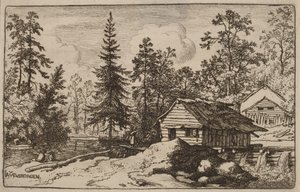 Kvinde i et flodlandskab, der ser mod en båd af Allart van Everdingen