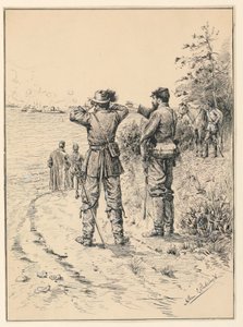 Officerer og general ser på et søslag (Slaget om monitoren og Merrimac) af Allen Carter Redwood