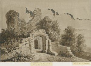 Dudley Castle - The Gateway: rød-sepia vasketegning, 8. juni 1843 af Allen Edward Everitt
