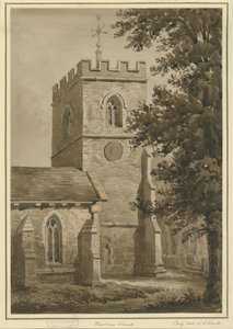 Harborne Church: rød sepia-tegning, 2. juli 1842 af Allen Edward Everitt