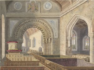 Interiør af Longdon Church: akvarelmaleri, ndc 1842] af Allen Edward Everitt