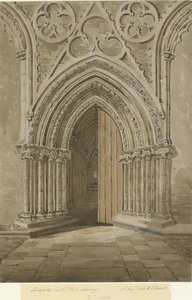 Lichfield Cathedral - West Doorway: rød/brun sepia-tegning, 27. august 1842 af Allen Edward Everitt