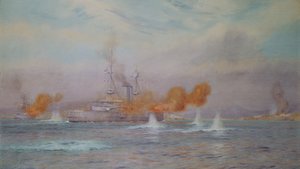 H.M.S. Albion under kommando af kaptajn A. Walker-Heneage ved afslutningen af ødelæggelsen af de ydre forter ved Dardanellerne i 1915, 1925