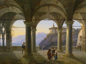 Søjletorv med figurativ staffage og udsigt over en bjergsø af Alois Gustav Schulz
