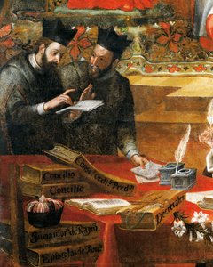 Diskussion mellem to jesuitter, detaljer fra St. Raymond af Penafort, rådgiver for pave Gregor IX, af Alonso Antonio Villamor (1661-1729). Fra St Steven