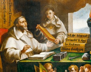 Sankt Albert den Store og Sankt Thomas af Aquinas, detaljer, Sankt Paul vises for Sankt Albert den Store og Sankt Thomas af Aquinas, af Alonso Antonio Villamor (1661-1729). Klosteret San Esteban, Salamanca.
