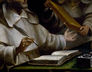 St. Alberts hænder, som han skriver, detalje af St. Paul, der viser sig for Saint Albert den Store og St. Thomas af Aquinas, maleri af Alonso Antonio Villamor (1661-1729), detaljer