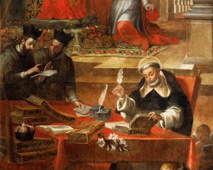 To jesuiter taler, mens den hellige Raymond skriver koncilet, detaljer fra den hellige Raymond af Penafort, rådgiver for pave Gregor IX, af Alonso Antonio Villamor (1661-1729). Fra klosteret St Esteban, Salamanca, Spanien.