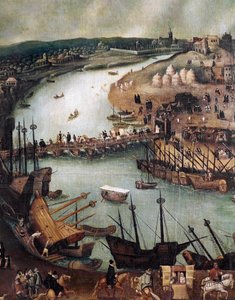 Byen Sevilla. Detalje havn og kommercielle aktiviteter (maleri, slutningen af 1500-tallet)