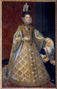 Portræt ved foden af Spædbarnet i Spanien Isabelle Clara Eugenie af Habsburg, suveræn over Holland og Magdalena Ruiz Maleri af Alonso Sanchez Coello (1531-1588) Søn. 1,29 X 2,07 m. 1585. Madrid. Musee du Prado - Portræt af spædbarnet i fuld længde af Alonso Sánchez Coello