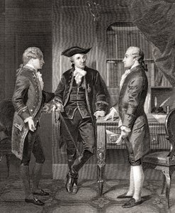 Johann Henry Jules Alexandre von Robaii, Baron de Kalb introducerer Lafayette til Silas Deane, fra Life and Times of Washington, bind 1, pub. i 1857 af Alonzo (after) Chappel