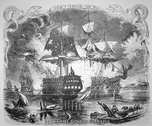 John Paul Jones, der leder Bonhomme Richard, besejrer HMS Serapis den 23. september 1779 (litho)
