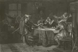 Henry Hudson modtog sin kommission fra det hollandske østindiske kompagni, 1609 af Alonzo Chappel