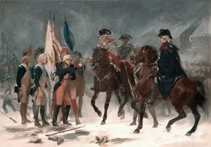 Overgivelse af oberst Rall i slaget ved Trenton, 26. december 1776, 1858 (olie på pap)