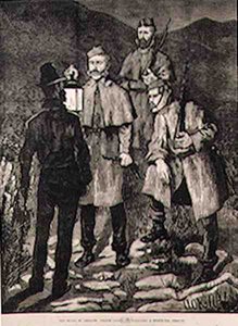Staten i Irland: Politipatrulje udfordrer en mistænkt person, fra The Illustrated London News, 8. juni 1881 af Aloysius C. OKelly