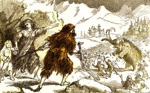 Forhistorie-mammutjagt. Isperiode: Naturlig skabelse og levende væsener. Tegning af A. Demarle. 1885