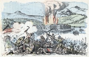 Forhistorie: krigsskueplads i begyndelsen af jernalderen, brand på pælehusbebyggelsen Gravering fra "" La nature et l