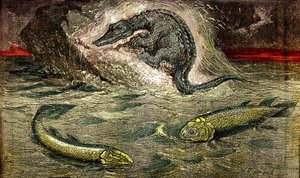 Overgang fra fisk til krybdyr: Proteosaur (øverst) krybdyr fra fisk, periode med kul. Holoptychius nederst til venstre og L