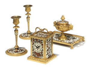 Napoleon III firedelt skrivebordssæt, intarsia af Duvinage og Harinckouk, ca. 1877