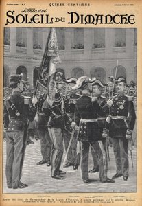 Præsentation af hæderslegionens kommandantkors til fire generaler (Gosse Dubois, general Colonna, general Toulza, general Dalstein) af general Brugere. Indgravering af Lalauze til en af "Le Soleil-du-Dimanche" i februar 1900.