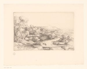 Landskab med planke over en flod la passerelle af Alphonse Legros (attributed to)