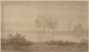 Landskab - fire træer på den anden side af en flod af Alphonse Legros