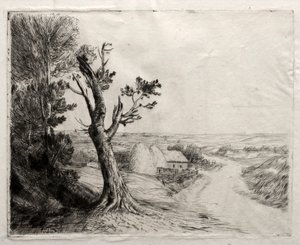 Landskab med stråstakke. af Alphonse Legros