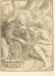 Mand og kone sidder ved vejen med en kurv Homme et femme assis au bord... af Alphonse Legros