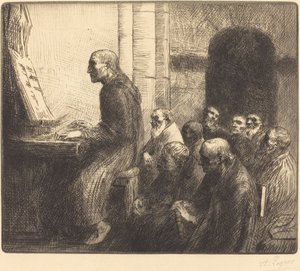 Munk spiller orgel i kirken Moine jouant de l