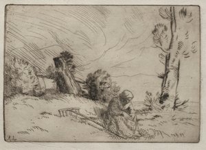 Bondekvinde siddende nær en hæk. af Alphonse Legros